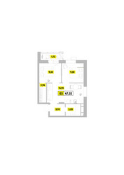 Планировка трехкомнатной(квартира) площадью 47.03 квадратных метров в ЖК “ЖК Радость (Радумля Парк)”