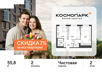 Планировка двухкомнатной(квартира) площадью 55.8 квадратных метров в ЖК “ЖК ЭВО”