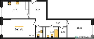 Планировка двухкомнатной(квартира) площадью 62.98 квадратных метров в “ЖК Дюна”