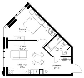 Планировка однокомнатной(апартаменты) площадью 41.44 квадратных метров в ЖК “ЖК Джойс”