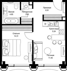 Планировка однокомнатной(квартира) площадью 45.76 квадратных метров в ЖК “Дом премиум-класса МИРА”