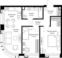 Планировка двухкомнатной(квартира) площадью 64.01 квадратных метров в “ЖК Веер”