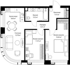 Планировка двухкомнатной(квартира) площадью 64.01 квадратных метров в ЖК “ЖК Веер”