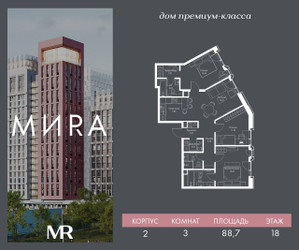 Планировка трехкомнатной(квартира) площадью 88.7 квадратных метров в ЖК “Дом премиум-класса MIRA (Мира)”