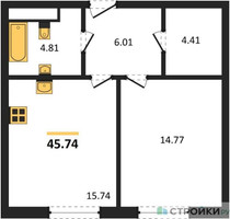 Планировка однокомнатной(квартира) площадью 45.74 квадратных метров в “ЖК Sezar City (Сезар Сити)”