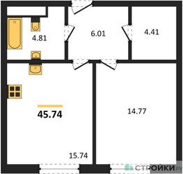 Планировка однокомнатной(квартира) площадью 45.74 квадратных метров в ЖК “ЖК Sezar City (Сезар Сити)”