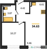 Планировка однокомнатной(квартира) площадью 34.63 квадратных метров в “ЖК Квартал Марьино”
