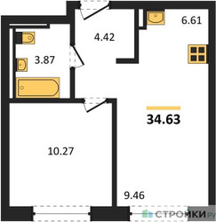 Планировка однокомнатной(квартира) площадью 34.63 квадратных метров в ЖК “ЖК Квартал Марьино”