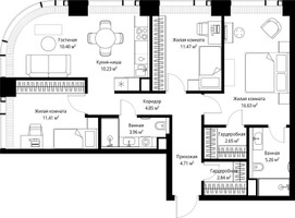 Планировка трехкомнатной(квартира) площадью 84.41 квадратных метров в “ЖК Веер”