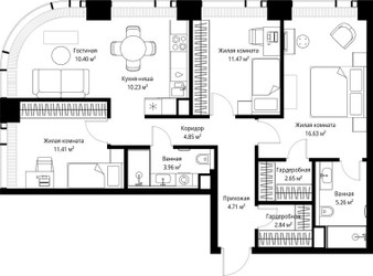 Планировка трехкомнатной(квартира) площадью 84.41 квадратных метров в ЖК “ЖК Веер”