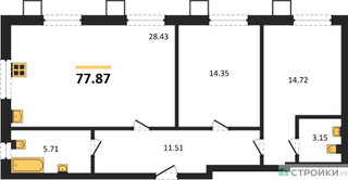 Планировка двухкомнатной(квартира) площадью 77.87 квадратных метров в “ЖК Бархат”
