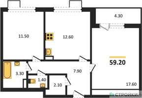 Планировка двухкомнатной(квартира) площадью 59.2 квадратных метров в “ЖК 1-й Южный (Первый Южный)”