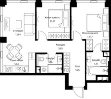 Планировка двухкомнатной(квартира) площадью 61.62 квадратных метров в “ЖК Сити Бэй”