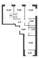 Планировка трехкомнатной(квартира) площадью 64.15 квадратных метров в “ЖК Smart Garden (Смарт Гарден)”