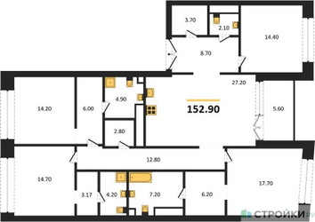 Планировка 4+ комнатной(квартира) площадью 152.9 квадратных метров в ЖК “Клубный дом РЕКА”