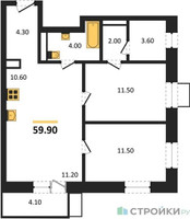 Планировка двухкомнатной(квартира) площадью 59.9 квадратных метров в “ЖК Союзный”