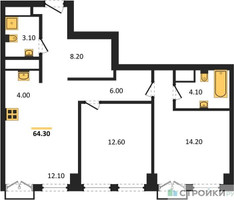 Планировка двухкомнатной(квартира) площадью 64.3 квадратных метров в “ЖК Emotion (Эмоушен)”