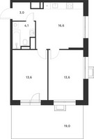 Планировка двухкомнатной(квартира) площадью 56.6 квадратных метров в “ЖК Форевиль”