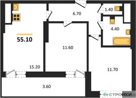 Планировка двухкомнатной(квартира) площадью 55.1 квадратных метров в “ЖК Рассказово”
