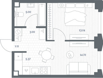 Планировка однокомнатной(квартира) площадью 42.44 квадратных метров в ЖК “ЖК TATE (Тэйт)”