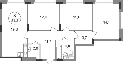 Планировка трехкомнатной(квартира) площадью 81.3 квадратных метров в ЖК “ЖК Переделкино Ближнее”