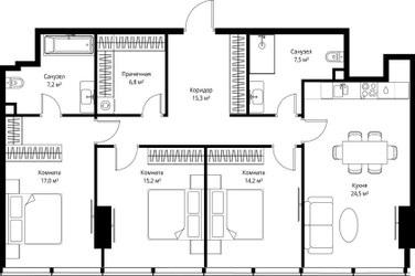 Планировка трехкомнатной(квартира) площадью 107.7 квадратных метров в ЖК “ЖК ОНЕ”