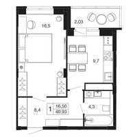 Планировка однокомнатной(квартира) площадью 40.9 квадратных метров в “ЖК Времена года”