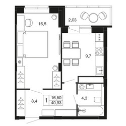 Планировка однокомнатной(квартира) площадью 40.9 квадратных метров в ЖК “ЖК Времена года”