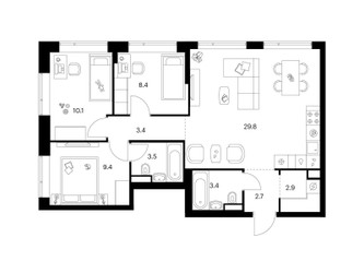 Планировка трехкомнатной(квартира) площадью 73.6 квадратных метров в ЖК “Бунинская набережная”