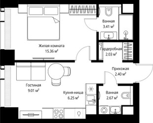 Планировка однокомнатной(квартира) площадью 41.13 квадратных метров в ЖК “ЖК Веер”