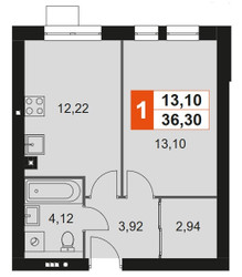Планировка однокомнатной(квартира) площадью 36.3 квадратных метров в ЖК “Мартемьяново Клаб”