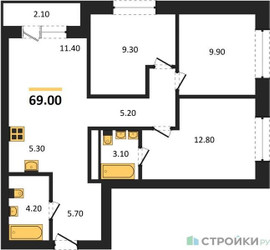 Планировка трехкомнатной(квартира) площадью 69 квадратных метров в ЖК “ЖК Квартал Метроном”