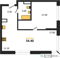 Планировка однокомнатной(квартира) площадью 54.4 квадратных метров в “ЖК Дзен-кварталы”