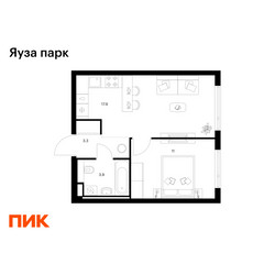 Планировка однокомнатной(квартира) площадью 36.1 квадратных метров в ЖК “ЖК Яуза Парк (Мытищи)”