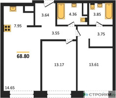 Планировка двухкомнатной(квартира) площадью 68.8 квадратных метров в “ЖК Собрание клубных домов West Garden (Вест Гарден)”
