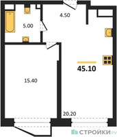 Планировка однокомнатной(квартира) площадью 45.1 квадратных метров в “ЖК Символ”