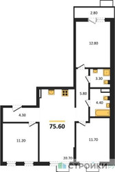 Планировка трехкомнатной(квартира) площадью 75.6 квадратных метров в “ЖК Бунинские кварталы”