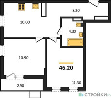 Планировка двухкомнатной(квартира) площадью 46.2 квадратных метров в “ЖК Деснаречье”