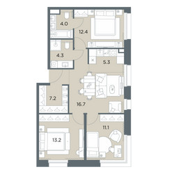 Планировка 4+ комнатной(квартира) площадью 74.2 квадратных метров в ЖК “ЖК Станиславский”