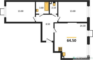 Планировка двухкомнатной(квартира) площадью 64.5 квадратных метров в “ЖК Лучи-2”