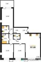 Планировка трехкомнатной(квартира) площадью 97.3 квадратных метров в “ЖК Дзен-кварталы”