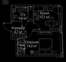 Планировка однокомнатной(квартира) площадью 35.5 квадратных метров в “ЖК СЕЗАР БУДУЩЕЕ”