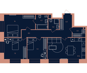 Планировка трехкомнатной(квартира) площадью 87.6 квадратных метров в ЖК “Квартал Эра”