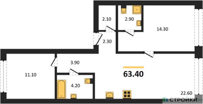 Планировка двухкомнатной(квартира) площадью 63.4 квадратных метров в ЖК “ЖК Дом А”