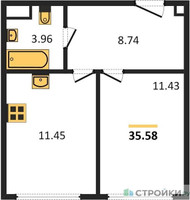 Планировка однокомнатной(апартаменты) площадью 35.58 квадратных метров в “ЖК Движение. Говорово”