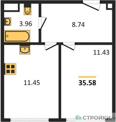 Планировка однокомнатной(апартаменты) площадью 35.58 квадратных метров в ЖК “ЖК Движение. Говорово”