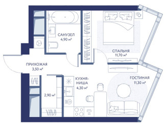 Планировка однокомнатной(квартира) площадью 38.6 квадратных метров в “ЖК HideOUT (ХайдАут)”
