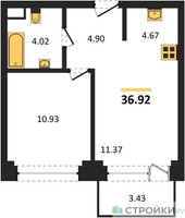 Планировка однокомнатной(квартира) площадью 36.92 квадратных метров в “ЖК NOVA (Нова)”