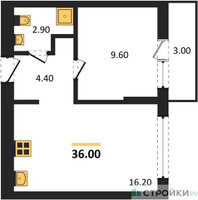 Планировка однокомнатной(квартира) площадью 36 квадратных метров в “ЖК Первый квартал”