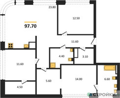 Планировка трехкомнатной(квартира) площадью 97.7 квадратных метров в “ЖК Остров”